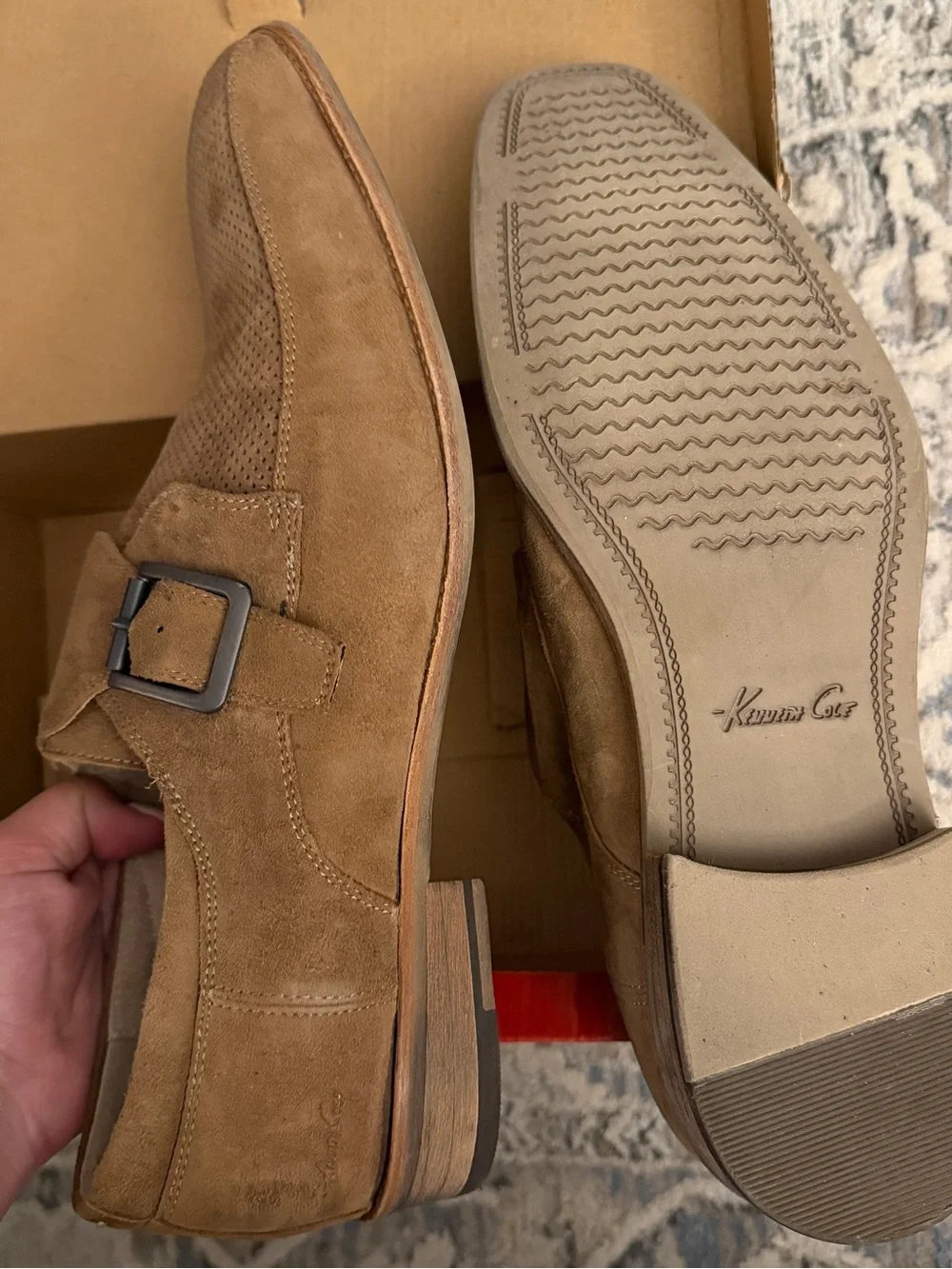 Kenneth Cole New York Tan Suede Perforated Monk Strap Shoes- Brand new